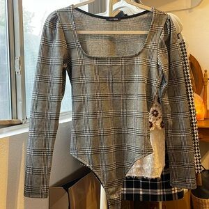 Fashion Nova Plaid Square Neck Long Sleeve Bodysuit